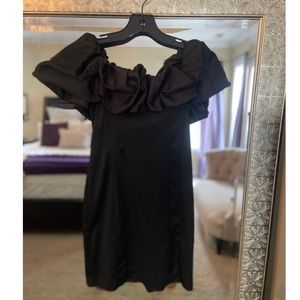 Off the shoulder puff + ruffle sleeve LBD